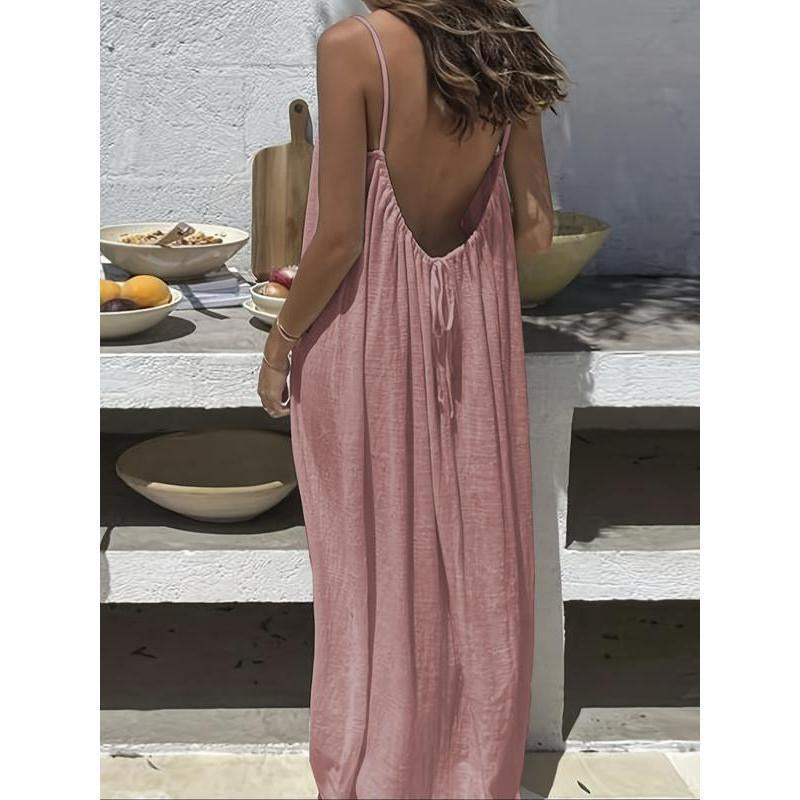 Women'S Solid Color Backless Cami Dress, Casual Sleeveless Dress for Summer, Ladies Clothes for Beach Holiday Vacation