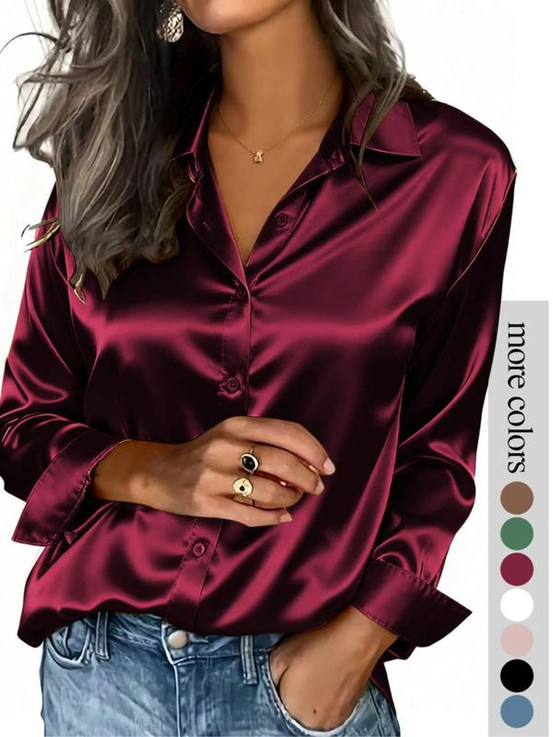 Women'S Solid Color Satin Button-Down Long-Sleeved Casual Shirt, Made of Fashionable Silk Fabric, Suitable for Casual Office Wear and Commuting, and Appropriate for Both Spring and Autumn.