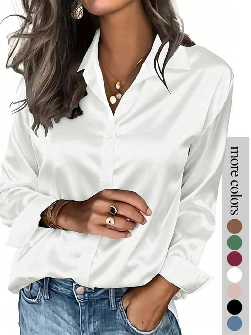 Women'S Solid Color Satin Button-Down Long-Sleeved Casual Shirt, Made of Fashionable Silk Fabric, Suitable for Casual Office Wear and Commuting, and Appropriate for Both Spring and Autumn.