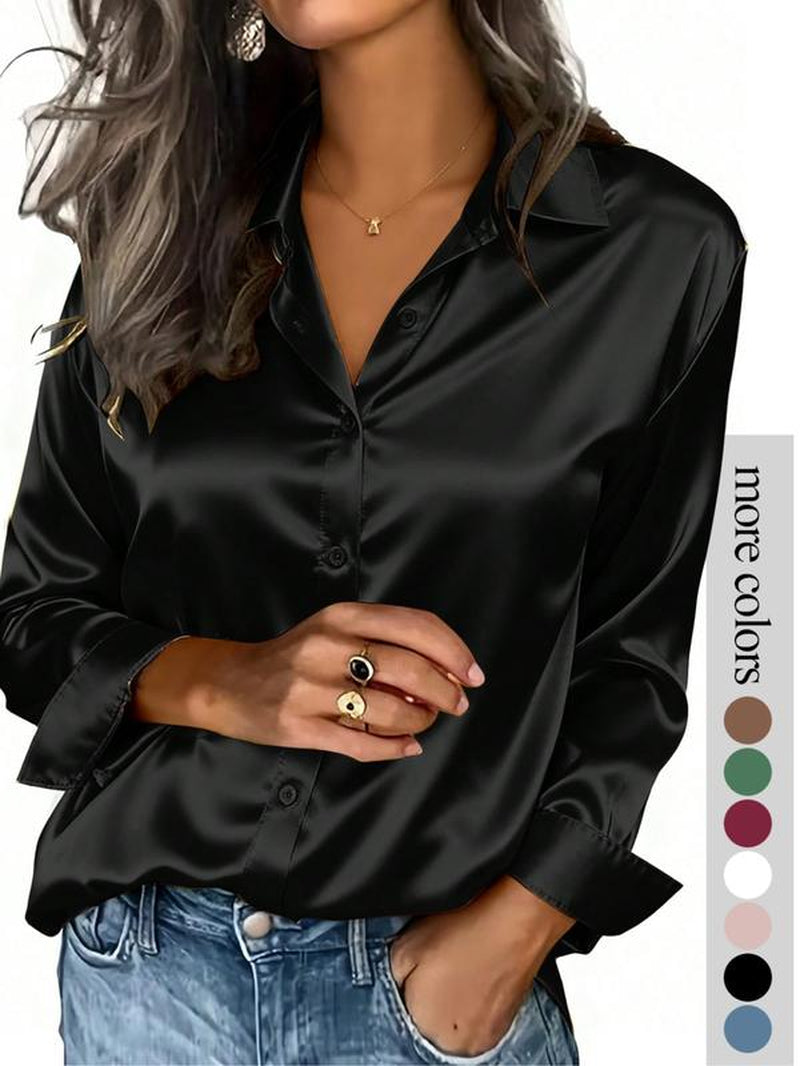 Women'S Solid Color Satin Button-Down Long-Sleeved Casual Shirt, Made of Fashionable Silk Fabric, Suitable for Casual Office Wear and Commuting, and Appropriate for Both Spring and Autumn.