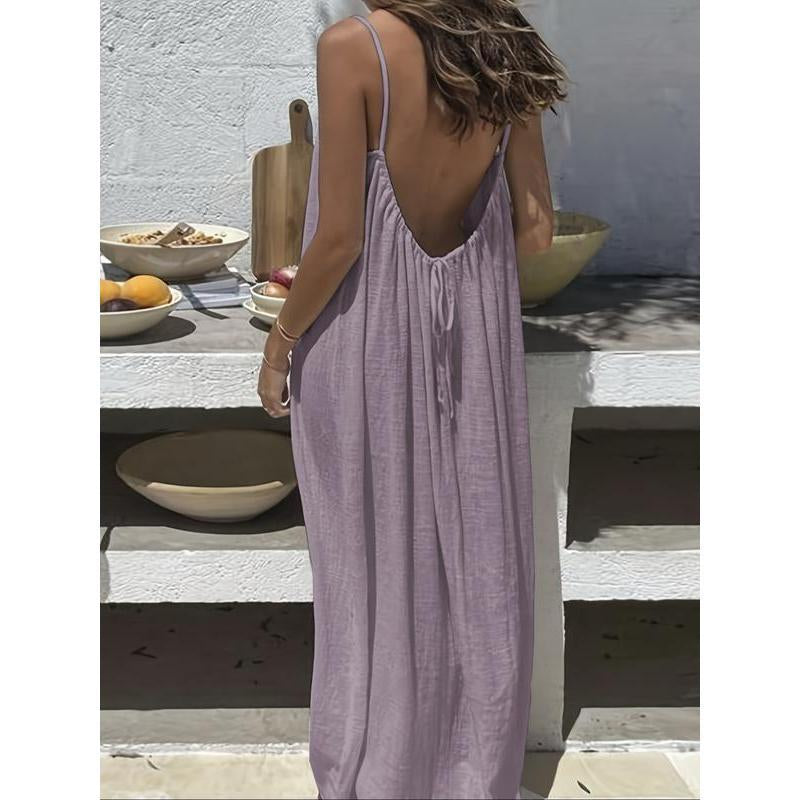 Women'S Solid Color Backless Cami Dress, Casual Sleeveless Dress for Summer, Ladies Clothes for Beach Holiday Vacation