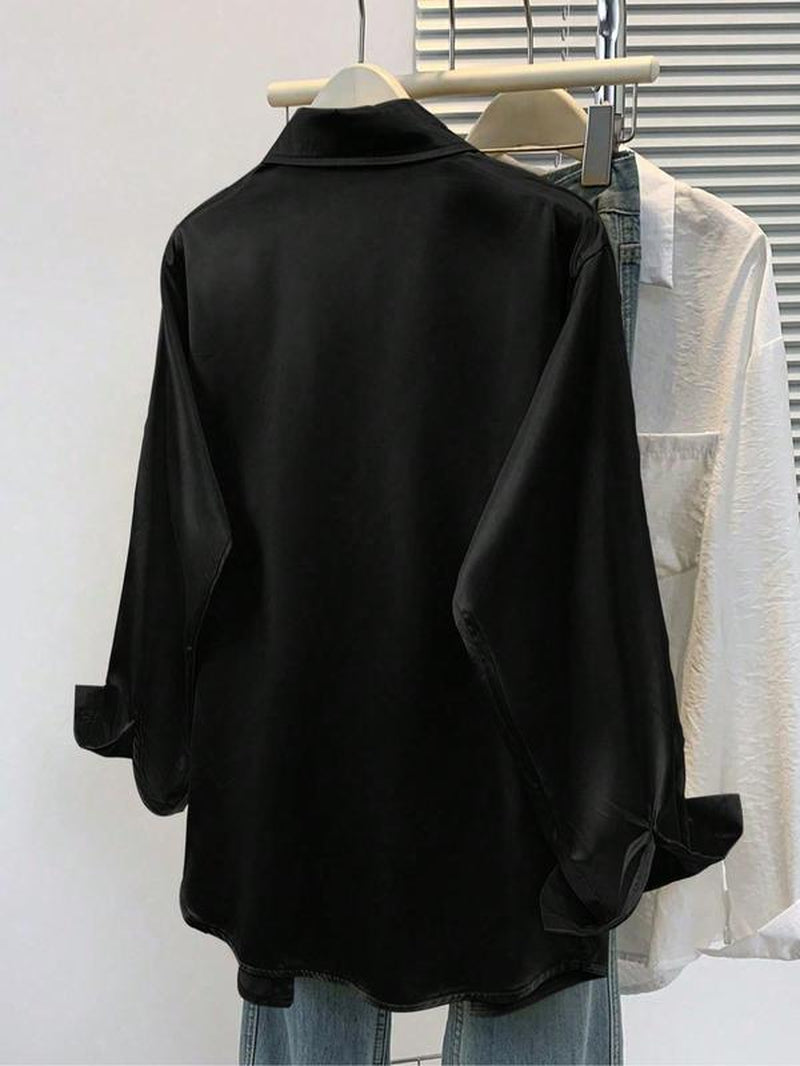 Women'S Solid Color Satin Button-Down Long-Sleeved Casual Shirt, Made of Fashionable Silk Fabric, Suitable for Casual Office Wear and Commuting, and Appropriate for Both Spring and Autumn.
