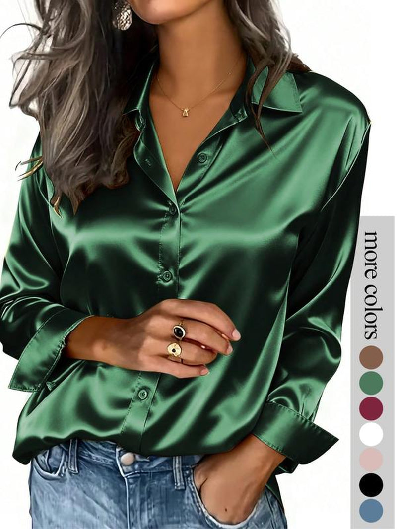 Women'S Solid Color Satin Button-Down Long-Sleeved Casual Shirt, Made of Fashionable Silk Fabric, Suitable for Casual Office Wear and Commuting, and Appropriate for Both Spring and Autumn.