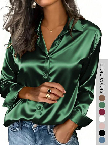 Women'S Solid Color Satin Button-Down Long-Sleeved Casual Shirt, Made of Fashionable Silk Fabric, Suitable for Casual Office Wear and Commuting, and Appropriate for Both Spring and Autumn.