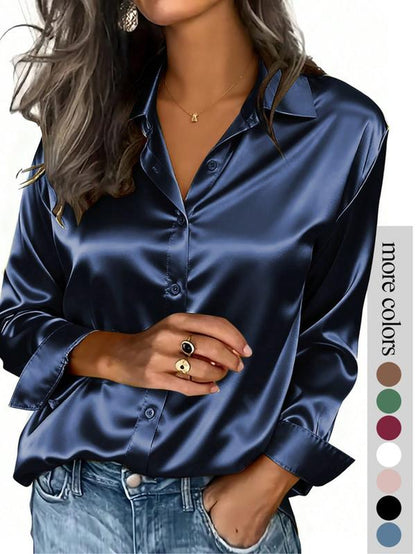 Women'S Solid Color Satin Button-Down Long-Sleeved Casual Shirt, Made of Fashionable Silk Fabric, Suitable for Casual Office Wear and Commuting, and Appropriate for Both Spring and Autumn.